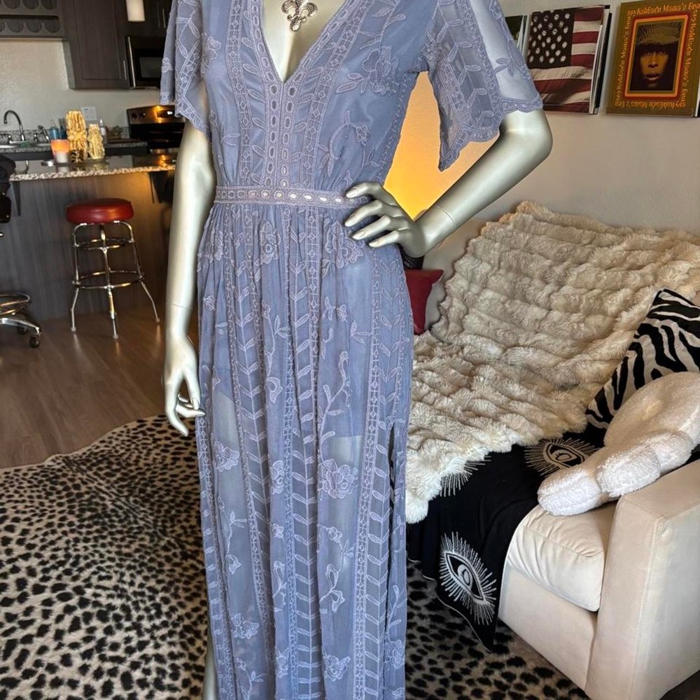 Socialite Dusty Blue Embroidered Lace Romper Maxi Overlay Dress Boho 🏹🌿